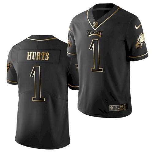 Men's Philadelphia Eagles #1 Jalen Hurts Black Golden NFL Edition Stitched Jersey Men's Philadelphia Eagles #1 Jalen Hurts Black Golden NFL Edition Stitched Jersey